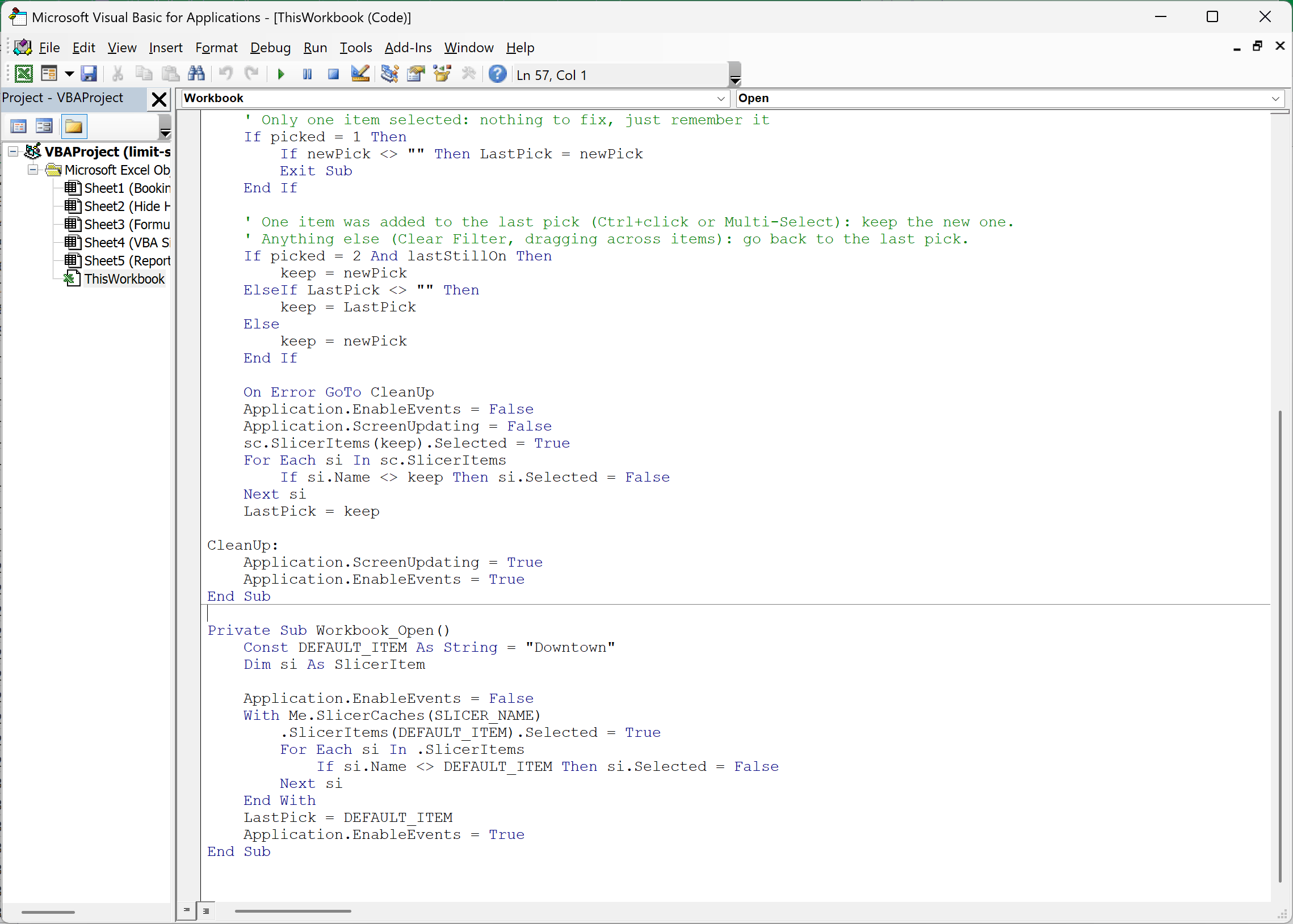 VBA editor showing the Workbook_Open default-selection macro