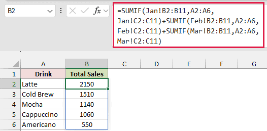 Three SUMIF formulas for Jan, Feb and Mar added in B2, spilling five drink totals with Latte at 2150.