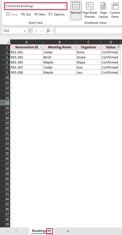 Confirmed Bookings is active, with five confirmed reservations and the eye icon beside the Bookings tab.