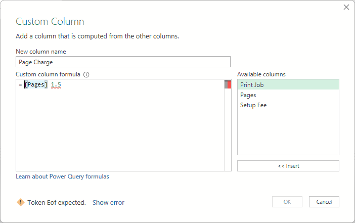 New Custom Column dialog with Page Charge syntax mistake and Token Eof expected message.
