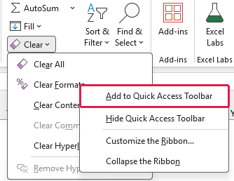 Clear Formats right-click menu showing Add to Quick Access Toolbar.