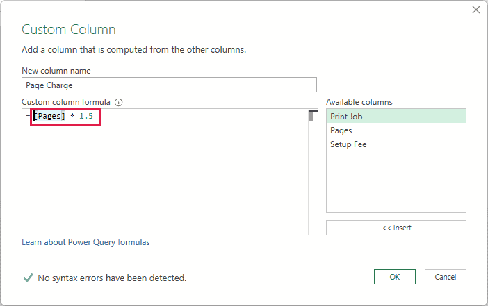 New Custom Column dialog with the corrected Page Charge formula.