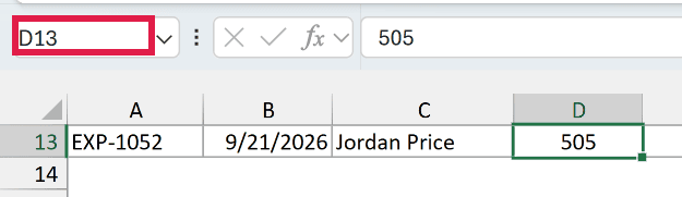Ctrl + Up Arrow from the bottom of column D lands on D13, the last row with data