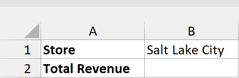 Store selection card shows Salt Lake City in B1, with the Total Revenue result blank.