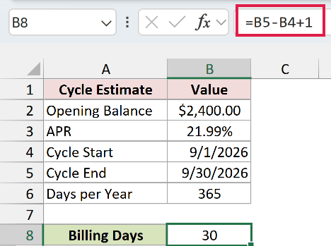 Excel date subtraction counts 30 billing days, including both cycle dates.