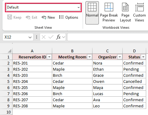 Default shows all eight reservations in this example.