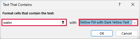 Text That Contains dialog with water and Yellow Fill with Dark Yellow Text selected.