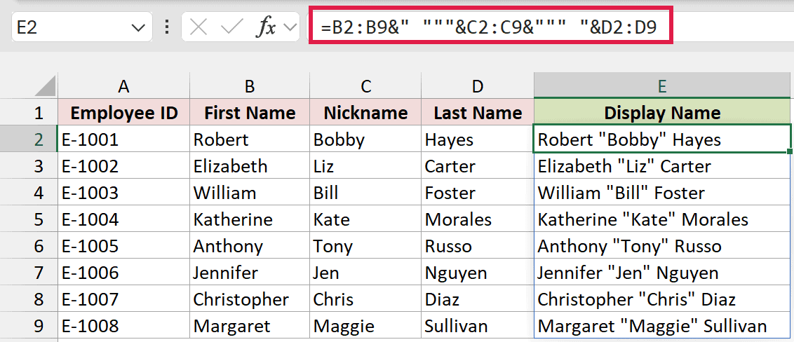 The formula bar uses doubled quotation marks to display employee names with quoted nicknames.