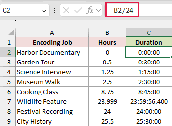 Dividing decimal hours by 24 converts 2.5 hours to 2:30:00