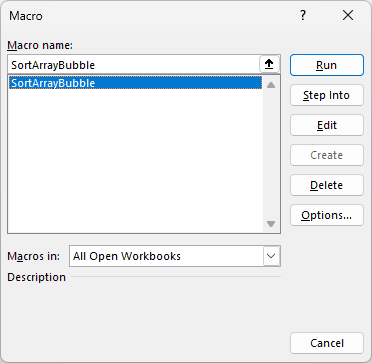 The Macro dialog has SortArrayBubble selected and ready to run.