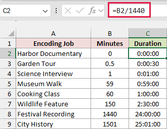 Dividing minutes by 1440 converts them to elapsed Excel durations