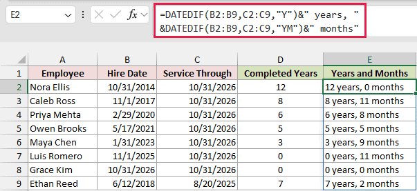 Excel formula bar showing DATEDIF function to calculate employee service in years and months for a list of dates