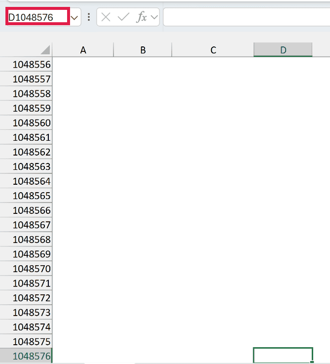 D1048576 typed in the Name Box, which selects the last cell in column D