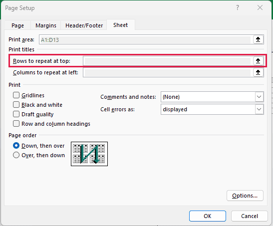Rows to repeat at top is greyed out in Page Setup opened from Excel's Print screen.