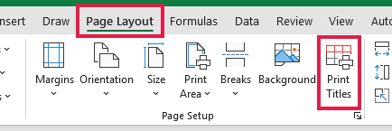 Print Titles in the Page Setup group on Excel's Page Layout tab.
