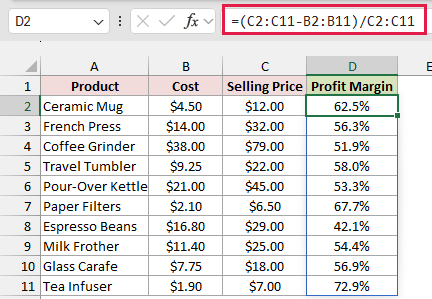 Profit Margin column shows spilled results from dividing each product's profit by its selling price.