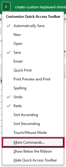 Customize Quick Access Toolbar menu with More Commands selected.