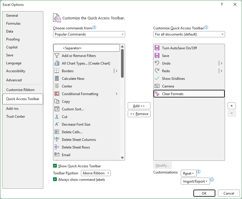 Excel Options showing Clear Formats selected in the Quick Access Toolbar list.