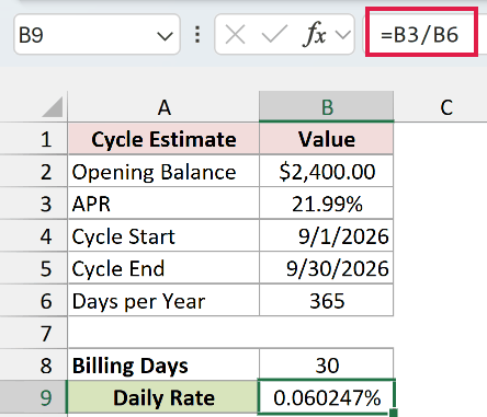 Divide the credit card APR by 365 to calculate the daily periodic rate in Excel.
