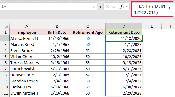 EDATE calculates retirement dates from birth dates and retirement ages.