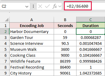 Dividing seconds by 86400 returns numeric fractions of a day