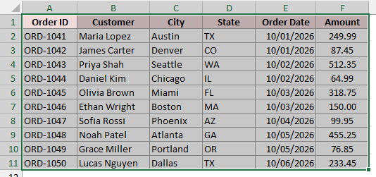The complete Excel order table in cells A1:F11 is selected for copying.