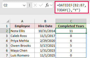 Excel formula bar showing DATEDIF function to calculate completed years of service based on hire dates in column B
