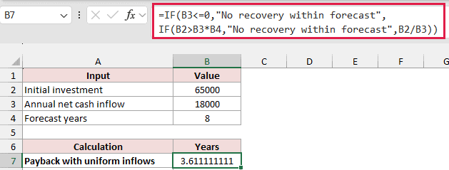 Excel payback formula returning 3.6111 years for uniform annual inflows