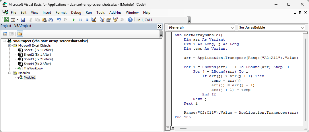 The Visual Basic Editor shows the SortArrayBubble macro pasted into a new module.
