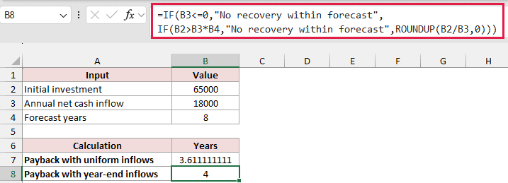 Year-end payback formula rounding recovery to four years
