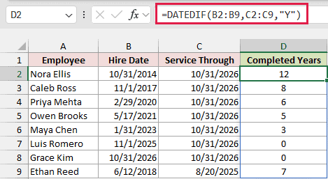 Excel formula bar showing DATEDIF function to calculate completed years of service for employees listed in a table