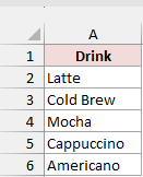 Five drinks listed under Drink in column A, starting with Latte, to match against stacked monthly orders.