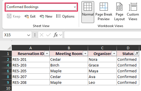 The saved Confirmed Bookings view shows five reservations.