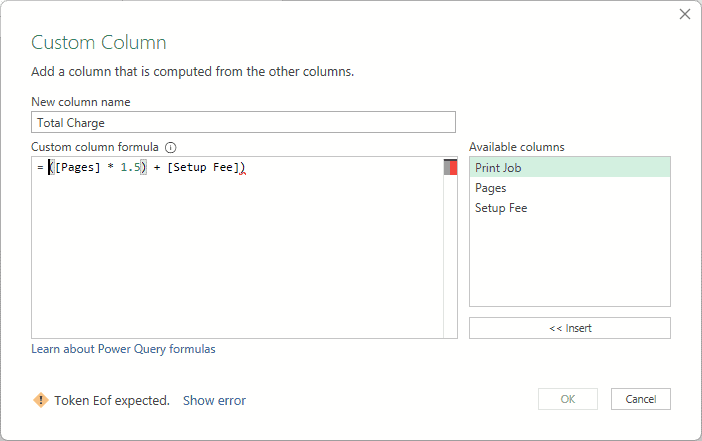 Custom Column formula with Total Charge syntax mistake and Token Eof expected message.