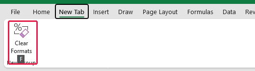 New Tab open with KeyTip F on the Clear Formats button.