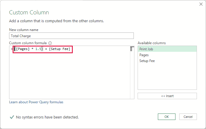 Corrected Custom Column formula for Total Charge.