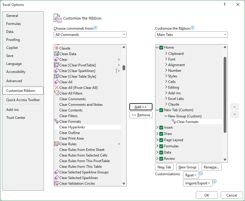 Customize Ribbon settings showing Clear Formats inside a custom group on New Tab.