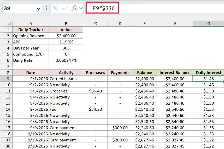 Multiply each daily interest balance by the fixed daily periodic rate in Excel.