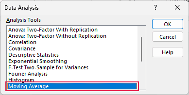 Moving Average selected in the Data Analysis dialog