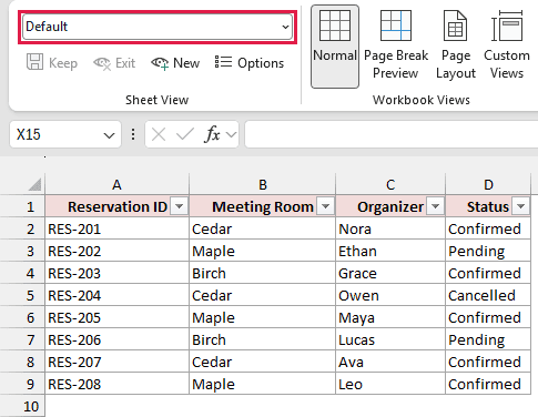 Default is active and all eight reservations are visible.