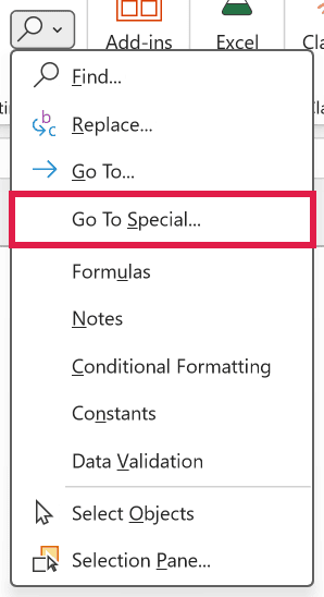 Find & Select menu on the Home tab with Go To Special highlighted