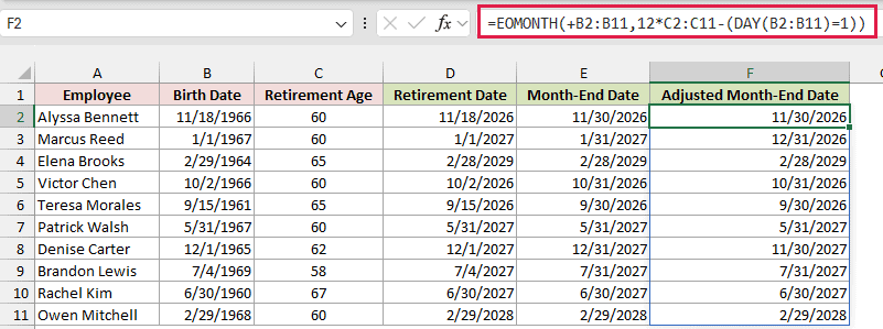 EOMONTH with DAY shifts first-of-month birthdays to the previous month-end.