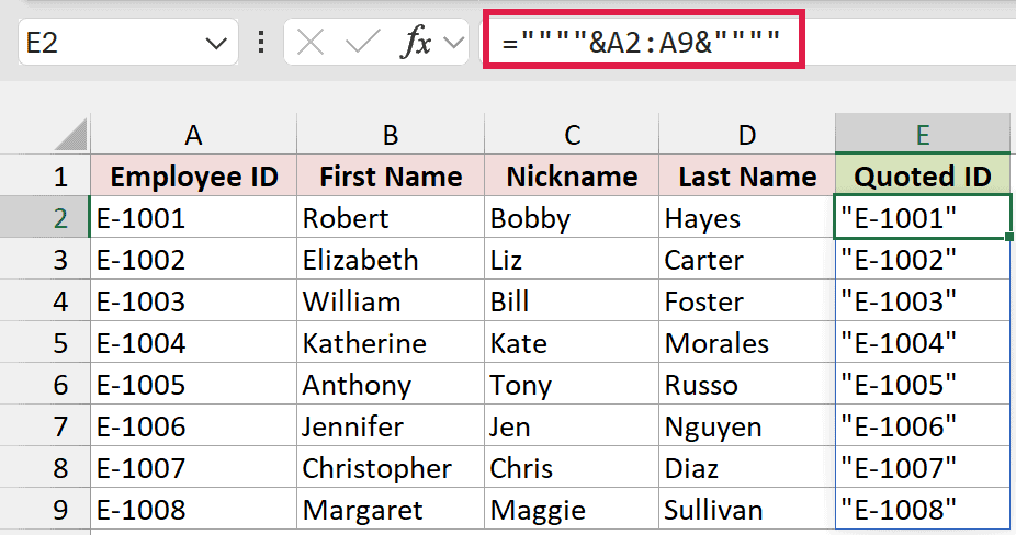 The formula bar uses four quotation marks to enclose employee IDs in double quotes.