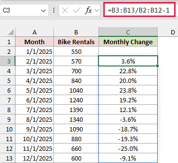 Percentage-change formula spilling from C3 through C13