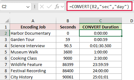 CONVERT changes seconds into day fractions that display as numeric durations