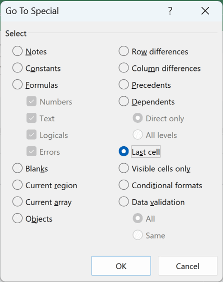 Go To Special dialog box with the Last cell option selected