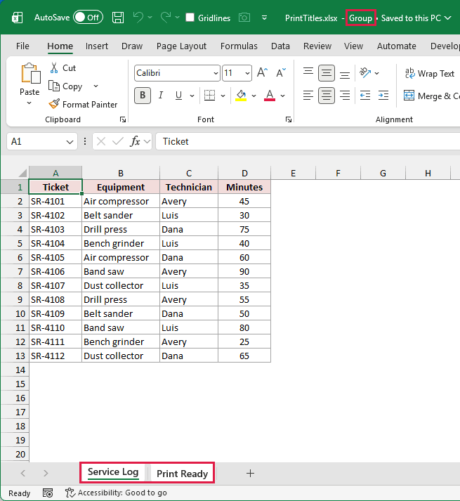 Two selected worksheet tabs and the Group indicator in Excel's title bar.