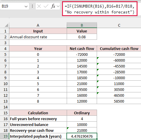 Ordinary payback period formula returning approximately 4.4762 years