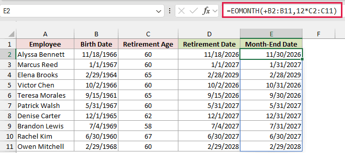 EOMONTH returns month-end retirement dates beside the EDATE retirement dates.