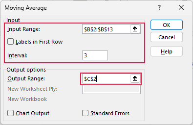 Moving Average settings with interval 3 and output C2